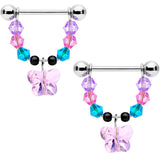 14G 5/8 Pink Blue Purple Gem Butterfly Dangle Barbell Nipple Ring Set