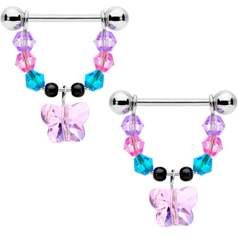 14G 5/8 Pink Blue Purple Gem Butterfly Dangle Barbell Nipple Ring Set