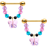 14G 5/8 Pink Blue Gem Gold Tone Butterfly Dangle Barbell Nipple Ring Set