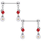 14G 5/8 Red White Ladybug Flower Dangle Barbell Nipple Ring Set