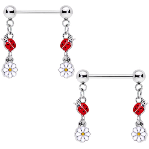 14G 5/8 Red White Ladybug Flower Dangle Barbell Nipple Ring Set
