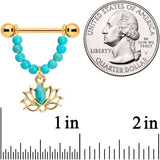 14G 5/8 Faux Turquoise Gold Tone Lotus Flower Dangle Nipple Ring Set