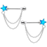 14G 5/8 Aqua CZ Star Gem Chain Dangle Nipple Ring Set