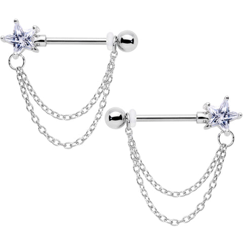 14G 5/8 Clear CZ Star Gem Chain Dangle Nipple Ring Set
