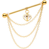 14G Clear CZ Gem Gold Tone Heart Dangle Industrial Barbell 38mm