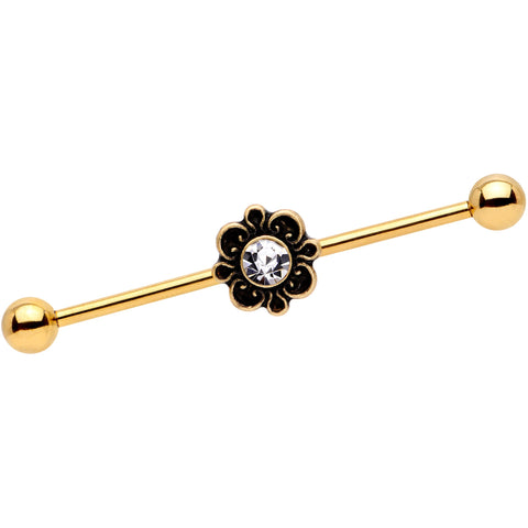 14G Clear Gem Gold Tone Flower Industrial Barbell 38mm