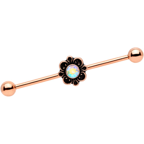 14G Aurora Gem Rose Gold Tone Flower Industrial Barbell 38mm