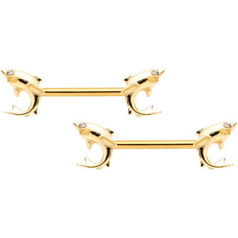 14G 9/16 Clear Gem Gold Tone Toothy Shark Barbell Nipple Ring Set