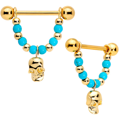 14G 5/8 Faux Turquoise Gold Tone Skull Dangle Nipple Ring Set