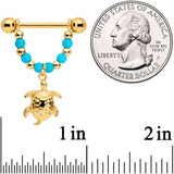 14G 5/8 Faux Turquoise Gold Tone Sea Turtle Dangle Nipple Ring Set
