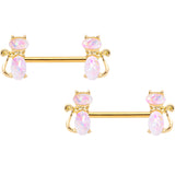 14G 9/16 White Faux Opal Gold Tone Cat Barbell Nipple Ring Set