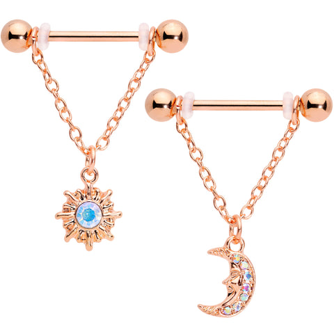 14G 5/8 Aurora Gem Rose Gold Tone Moon Sun Dangle Nipple Ring Set
