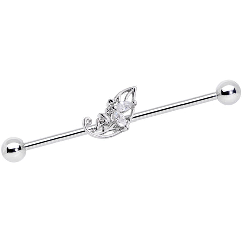 14G Clear CZ Gem Fairy Leaf Industrial Barbell 38mm