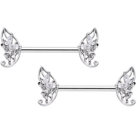 14G 9/16 Clear CZ Gem Fairy Leaf Barbell Nipple Ring Set