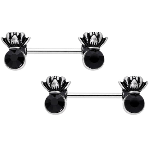 14G 9/16 Black CZ Gem Lotus Flower Crown Barbell Nipple Ring Set