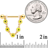 14G 3/4 Gold Tone Yellow Sunflower Dangle Nipple Ring Set