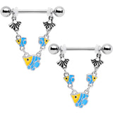 14G 13/16 Blue Yellow Fish Shell Nautical Dangle Nipple Ring Set