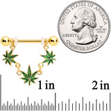 14G 3/4 Green Gold Tone Weed Pot Leaf Dangle Nipple Ring Set