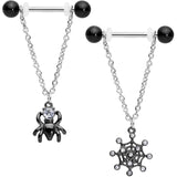 14G 5/8" Clear CZ Gem Spider Web Black Dangle Nipple Ring Set