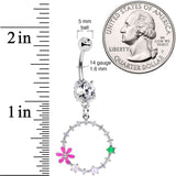 Clear CZ Gem Green Pink Faux Opal Loop Flower Dangle Belly Ring
