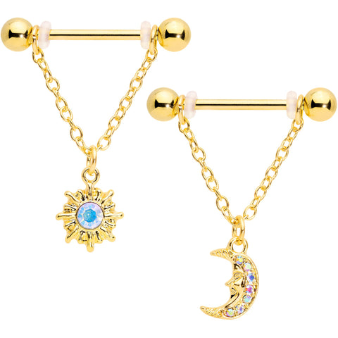 14G 5/8 Aurora Gem Gold Tone Sun Moon Dangle Nipple Ring Set