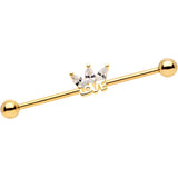 14G Clear Gem Gold Tone Crown of Love Industrial Barbell 38mm