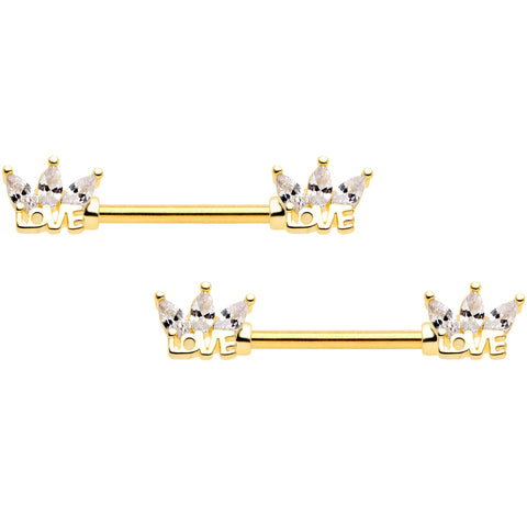 14G 9/16 Clear Gem Gold Tone Crown of Love Barbell Nipple Ring Set
