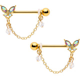 14G 5/8 Aurora Gem Gold Tone Butterfly Dangle Nipple Ring Set