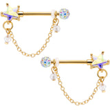 14G 5/8 Aurora Gem Gold Tone Star Chain Dangle Nipple Ring Set