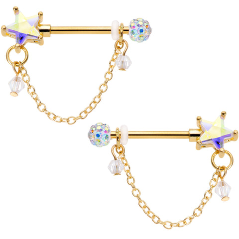 14G 5/8 Aurora Gem Gold Tone Star Chain Dangle Nipple Ring Set