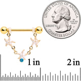 14G 9/16 Blue Gem Gold Tone Starfish Dangle Nipple Ring Set
