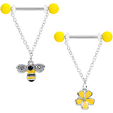 14G 9/16 Black CZ Gem Yellow Flower Bee Dangle Nipple Ring Set