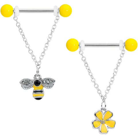 14G 9/16 Black CZ Gem Yellow Flower Bee Dangle Nipple Ring Set