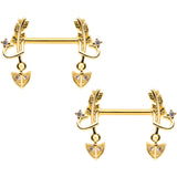 14G 9/16 Clear CZ Gem Gold Tone Love Feather Barbell Nipple Ring Set