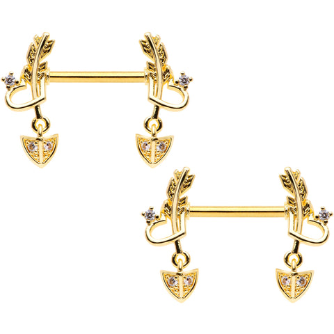 14G 9/16 Clear CZ Gem Gold Tone Love Feather Barbell Nipple Ring Set