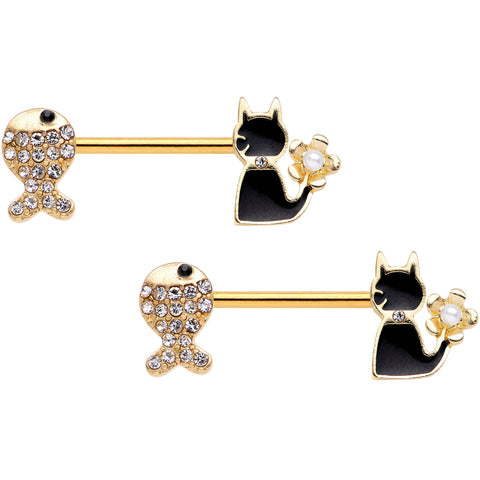 14G 9/16 Clear Gem Gold Tone Fish Black Cat Barbell Nipple Ring Set