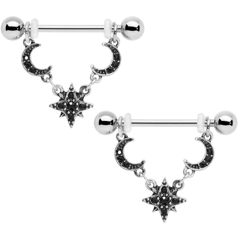 14G 9/16 Black Gem Crescent Moons Star Dangle Nipple Ring Set