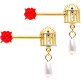 14G 9/16 Red Flower Gold Tone Birdcage Barbell Nipple Ring Set