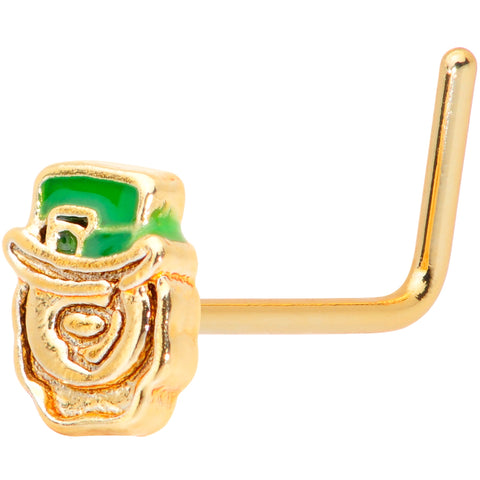 22G 5/16 Green Gold Tone Lucky Leprechaun L Shaped Nose Ring