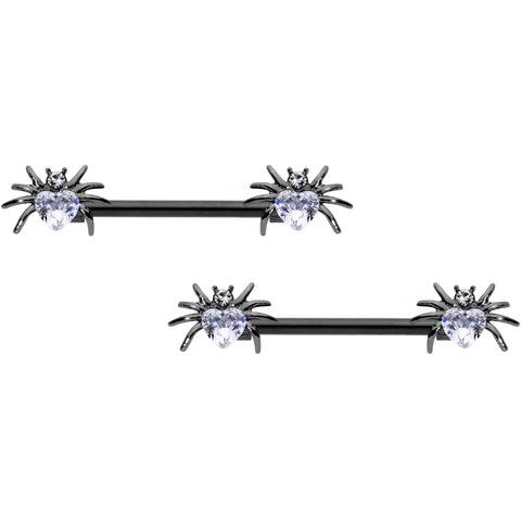 14G 5/8 Clear Gem Black Sexy Heart Spider Barbell Nipple Ring Set