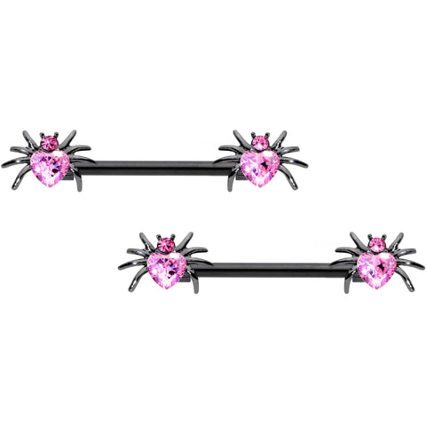 14G 5/8 Pink Gem Black Sexy Heart Spider Barbell Nipple Ring Set