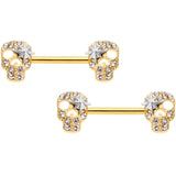 14G 9/16 Clear Gem Gold Tone Star Skull Barbell Nipple Ring Set