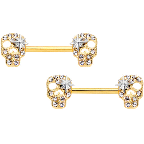 14G 9/16 Clear Gem Gold Tone Star Skull Barbell Nipple Ring Set