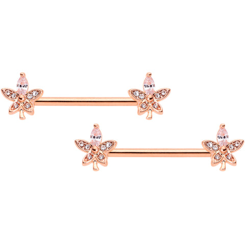 14G 5/8 Clear Gem Rose Gold Tone Beautiful Flower Nipple Ring Set