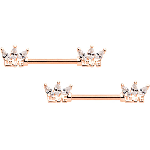 14G 9/16 Clear Gem Rose Gold Tone Love Barbell Nipple Ring Set