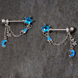 14G 5/8 Blue Gem Rocket Star Moon Dangle Barbell Nipple Ring Set