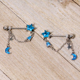 14G 5/8 Blue Gem Rocket Star Moon Dangle Barbell Nipple Ring Set