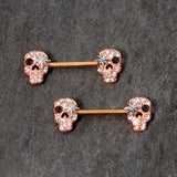 14G Clear Gem Rose Gold Tone Star Skull Barbell Nipple Ring Set