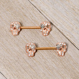 14G Clear Gem Rose Gold Tone Star Skull Barbell Nipple Ring Set