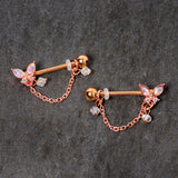 14G 5/8 Aurora Gem Rose Gold Tone Butterfly Dangle Nipple Ring Set